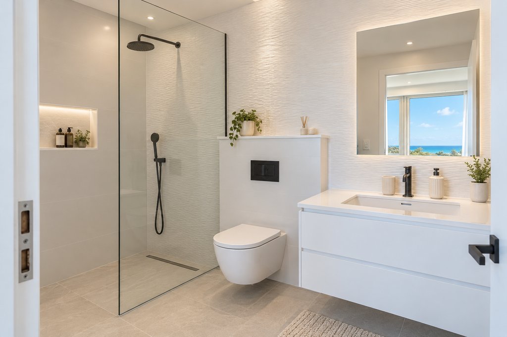 Sugar Ridge residence bathroom with walk-in rain shower, floating vanity, and sea view