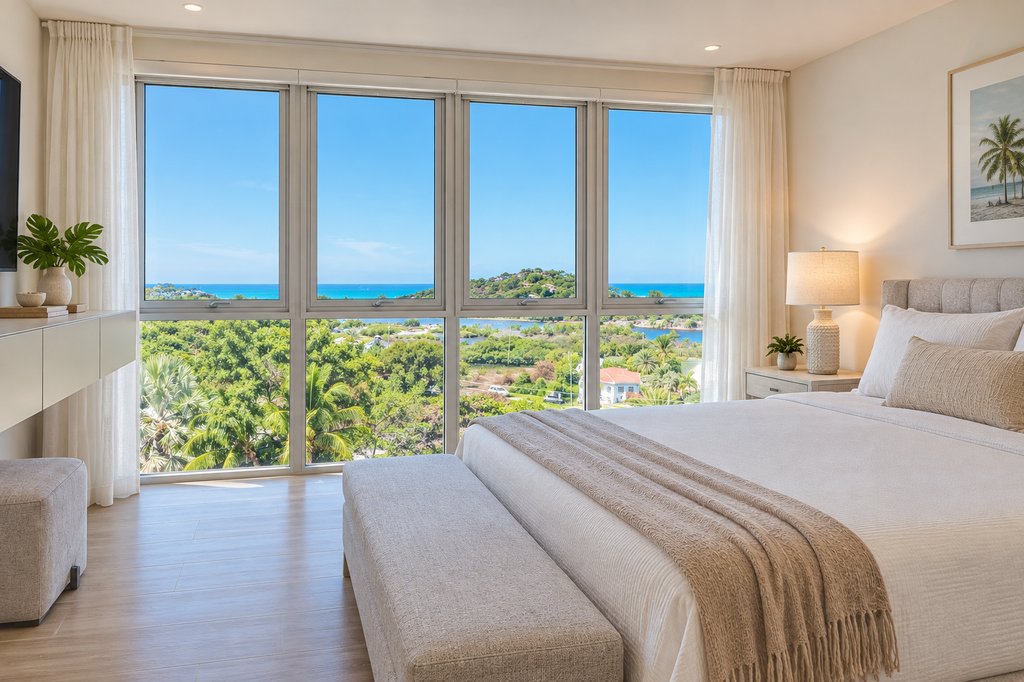 Sugar Ridge master bedroom with floor-to-ceiling windows overlooking the Caribbean Sea