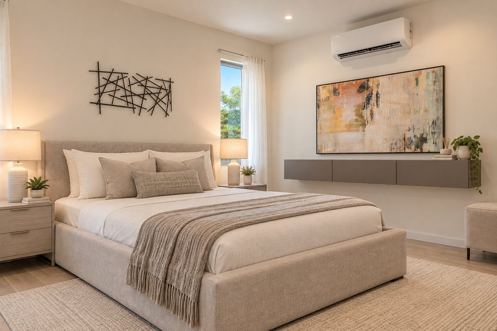 Sugar Ridge secondary bedroom with grey headboard, contemporary art, and warm lighting