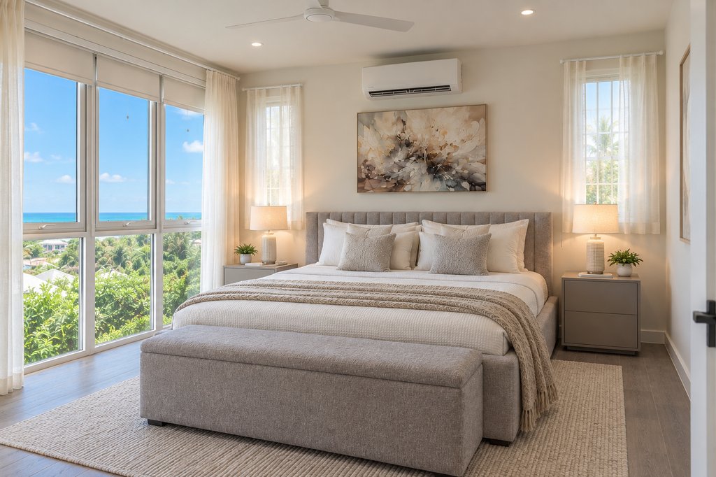 Sugar Ridge bedroom with corner windows offering sea and garden views