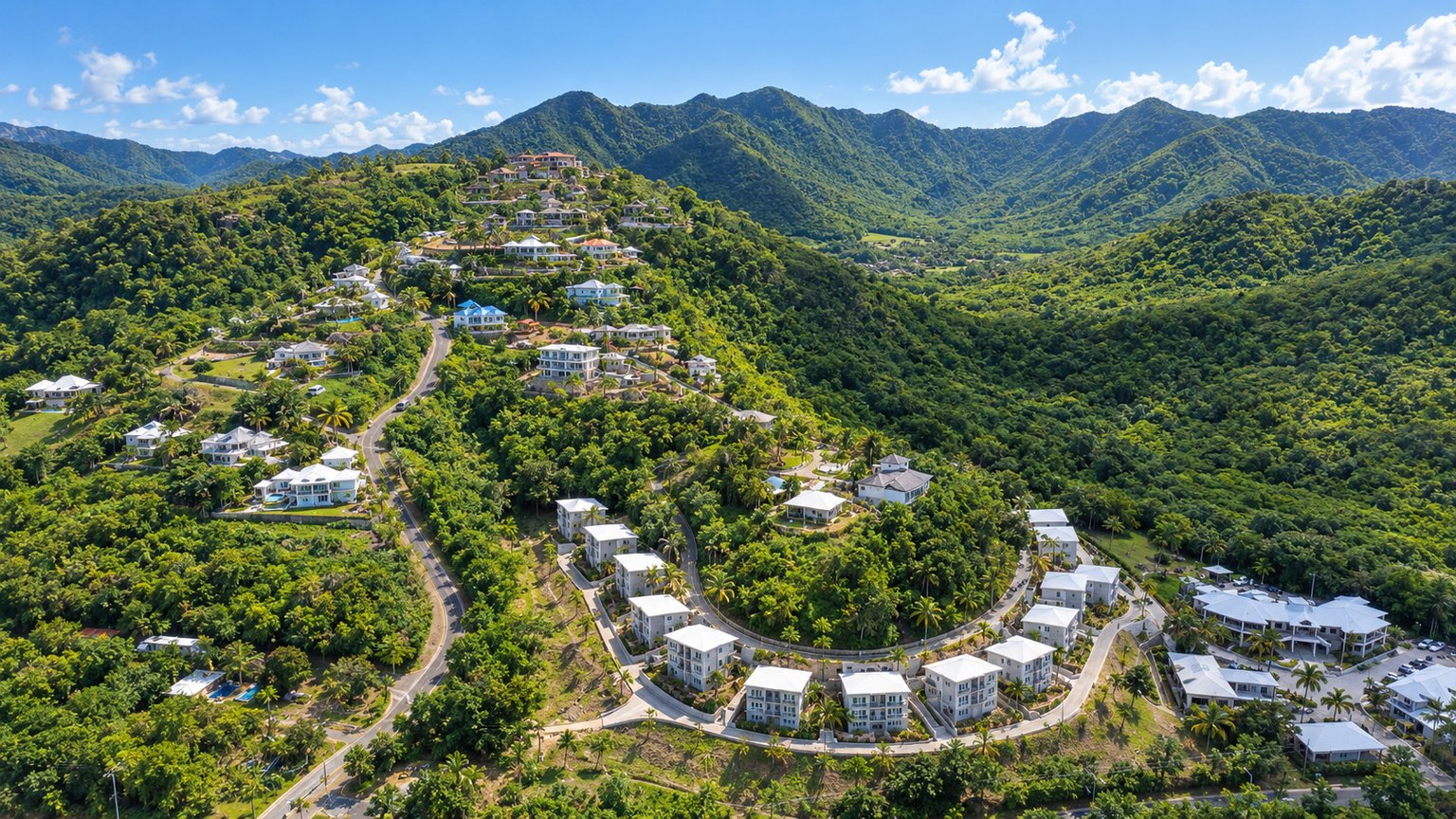 Aerial view of Sugar Ridge — white-roofed residences nestled across the green hills of Antigua