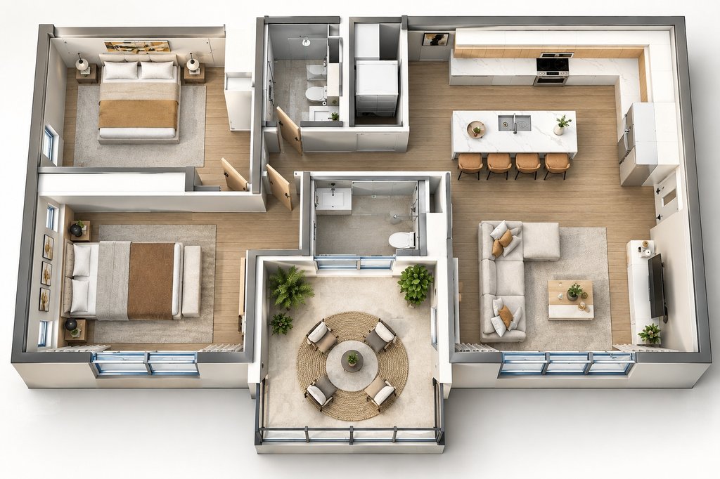 Garden Residence floor plan — 2 bed, 2 bath, 1,200 sq ft, ground-floor unit