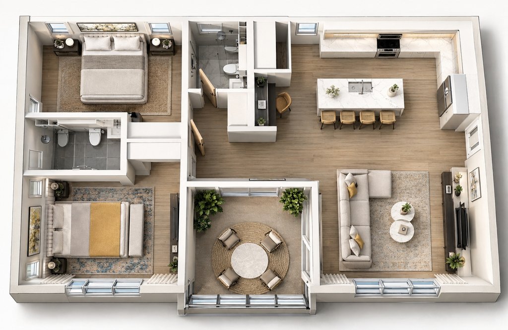 Sky Residence floor plan — 2 bed, 2 bath, 1,200 sq ft, upper-floor unit