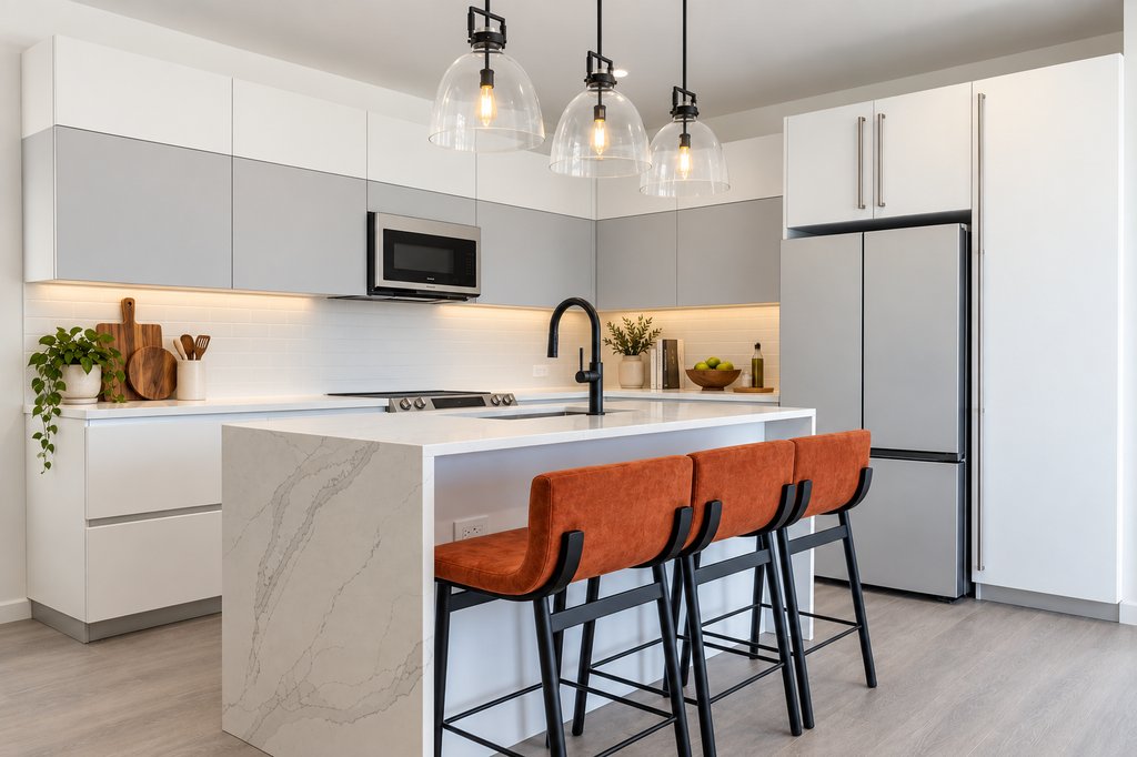 Sugar Ridge kitchen with Samsung smart appliances, marble waterfall island, and rust bar seating