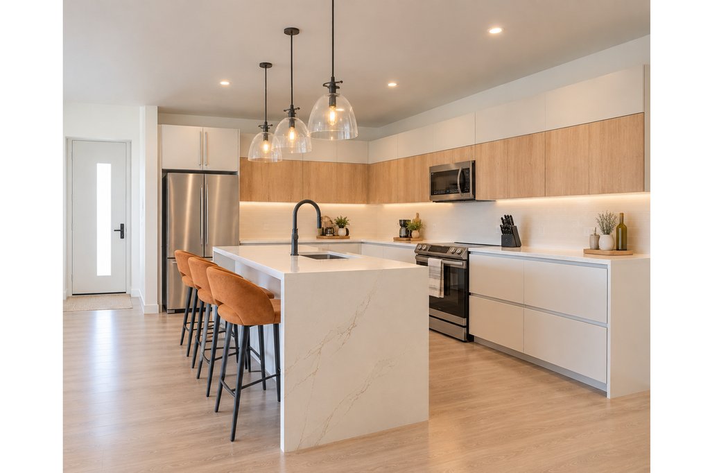 Sugar Ridge kitchen with warm wood-toned cabinetry, marble island, and pendant lighting