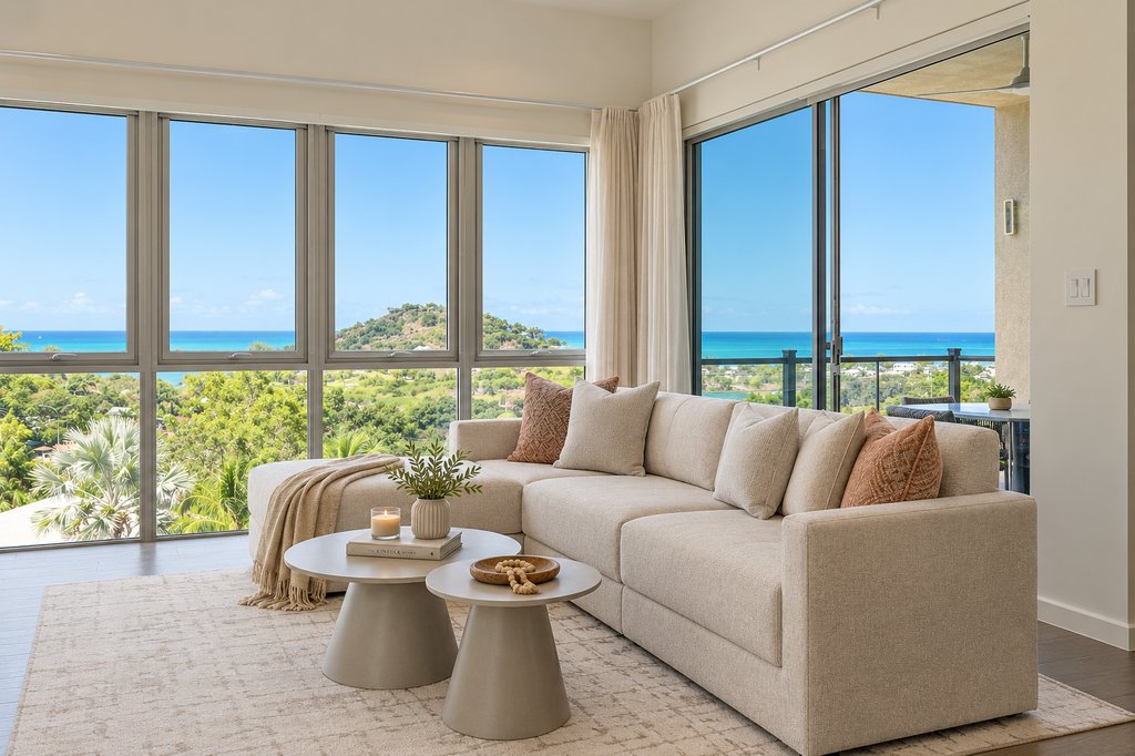 Living room of a Sugar Ridge residence with floor-to-ceiling windows overlooking the Caribbean