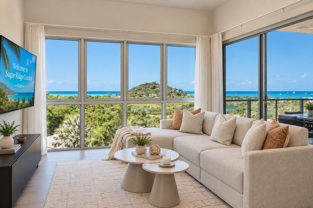 Sugar Ridge residence living room with wide sea view and terrace access