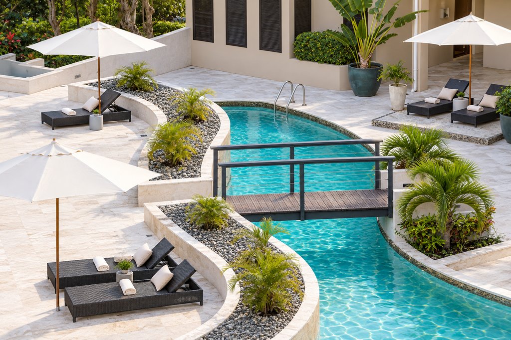 Resort-style pool with wooden footbridge, teak loungers, and umbrellas at Sugar Ridge