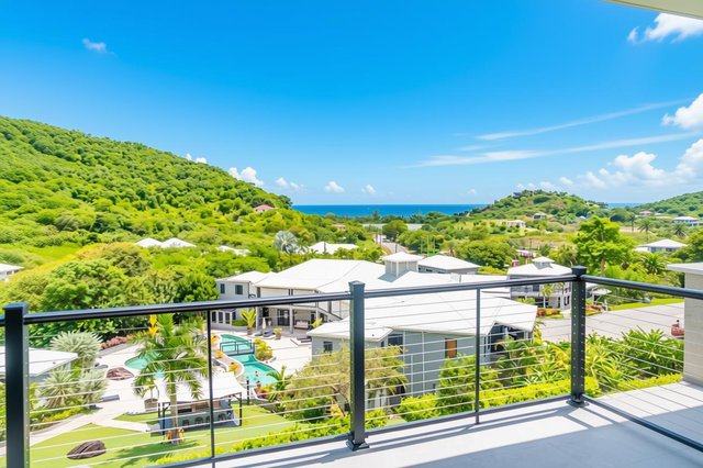 View from a Sugar Ridge terrace over the grounds and Caribbean landscape