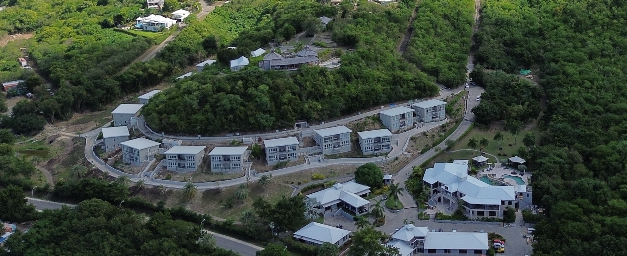 Sugar Ridge Condos aerial view — hillside development in Jolly Harbour, Antigua